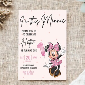 Invitación de primer cumpleaños de Minnie, fiesta de Minnie Mouse, invitación de primer cumpleaños, cumpleaños de niña, descarga instantánea digital, globo de puntos rosas, un año imagen 5