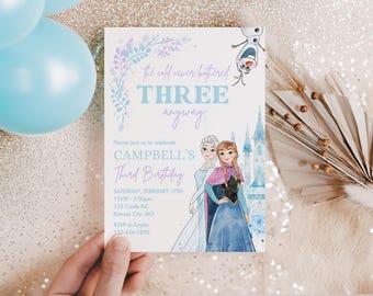The Cold Never Bothered THREE Anyway Frozen Birthday invitation, Princess Elsa Anna Olaf party invite, Modern 3rd minimal modern digital