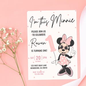 Invitación de primer cumpleaños de Minnie, fiesta de Minnie Mouse, invitación de primer cumpleaños, descarga instantánea digital de cumpleaños de niña, globo con lunares rosados imagen 3