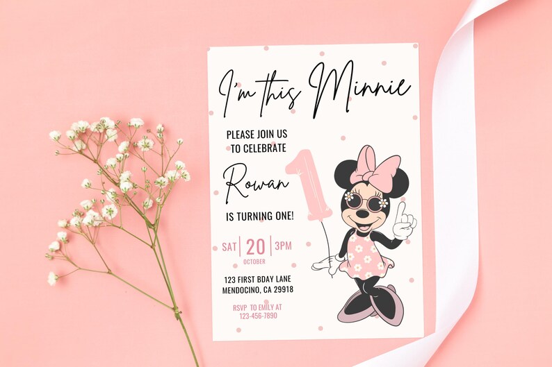 Invitación de primer cumpleaños de Minnie, fiesta de Minnie Mouse, invitación de primer cumpleaños, descarga instantánea digital de cumpleaños de niña, globo con lunares rosados imagen 3