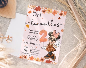Minnie-Motiv zum 2. Geburtstag (Herbst), Einladung mit Kürbis- und rosa Kürbismotiv für Mädchen, Halloween-Motiv, gruselige Einladung in Orange