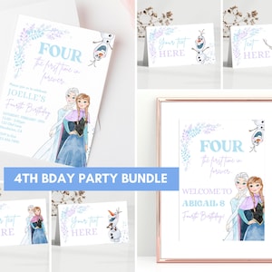 Pacote de convites de aniversário Frozen, convite para festa da Princesa Elsa Anna Olaf, decoração, placa de boas-vindas, 4ª etiqueta de comida, a primeira vez em sempre