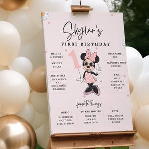Minnie 1st Birthday milestone sign, Minnie mouse party, First Bday poster, digital instant download pink dots groovy balloon one favorites