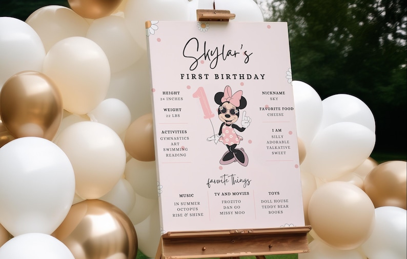 Minnie 1st Birthday milestone sign, Minnie mouse party, First Bday poster, digital instant download pink dots groovy balloon one favorites image 1