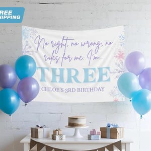 Banner de pared del tercer cumpleaños de Frozen, póster de fondo fotográfico para fiesta de la princesa Elsa Anna Olaf, decoración de arco de globos, sin reglas para mí tres decoraciones