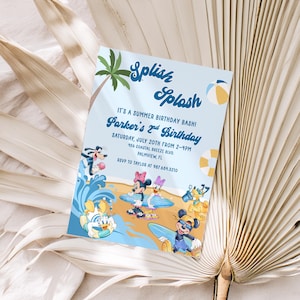 May include: A light blue invitation with the text "Splish Splash" and "Parker's 2nd Birthday". The invitation features cartoon characters surfing on waves. The RSVP information is included.