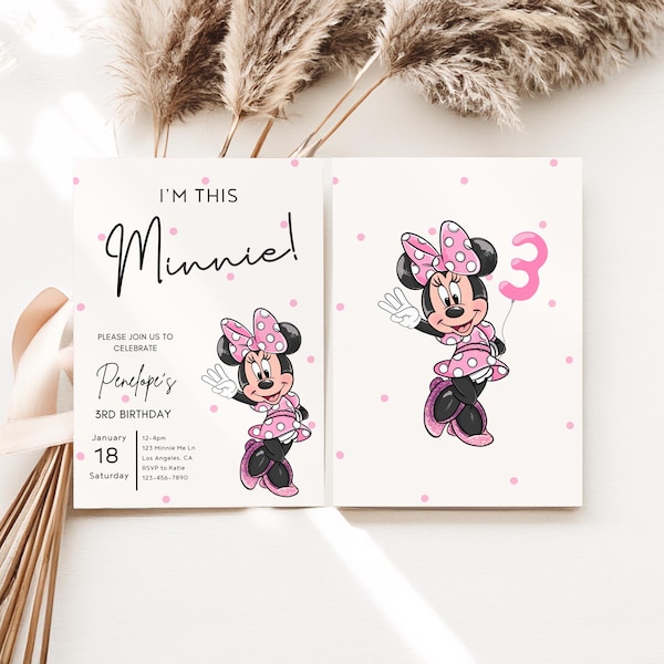 Minnie 3rd Birthday invitation, Minnie mouse party, Minnie Girl Third birthday decor digital instant download i'm this three year groovy
