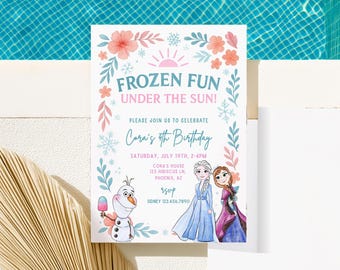 Invito per festa di compleanno estiva Frozen, invito per festa in piscina con principessa Elsa, Anna e Olaf, modello per decorazioni per bambine, download immediato