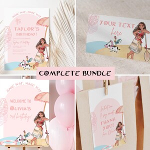 Zaproszenie na imprezę urodzinową Moana Pool Party, powitanie, namiot na stół, zaproszenie na luau z podziękowaniami, dekoracja imprezy urodzinowej Moana 2., 3., 4. urodziny hei hei pua