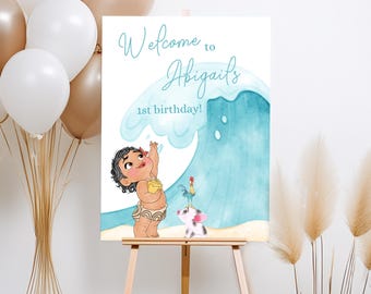 Baby Moana Birthday welcome sign, 1st 2nd 3rd 4th 5th 6th luau moana aloha, hei hei ocean decor welcome poster decorations Maui flowers