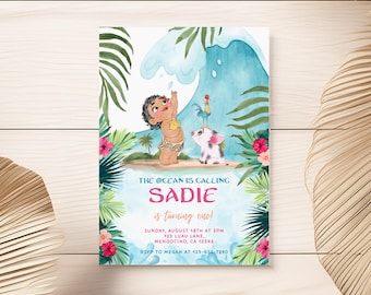 Baby Moana Birthday invitation, Moana first birthday party, luau moana Invite, 1st 2nd birthday hei hei ocean calling pua wave watercolor