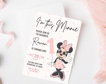 Minnie 1st Birthday invitation, Minnie mouse party, First Bday Invite, Girl birthday digital instant download pink dots groovy balloon one