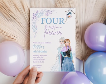 Convite de aniversário Frozen "A Primeira Vez na Eternidade", festa da Princesa Elsa, Anna e Olaf, convite Frozen, modelo com flocos de neve em aquarela para o 4º aniversário