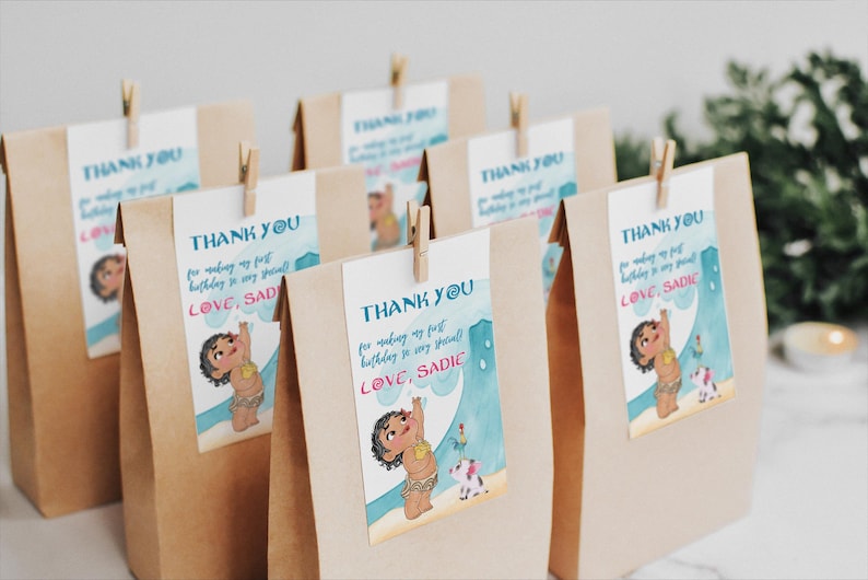 Baby Moana verjaardag bedankkaartjes, Moana luau-feest, 1e 2e 3e verjaardag pua hei hei oceaan decor feestbedankje, geschenkzakje dozen bedankt afbeelding 1