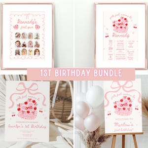 Girls Just Wanna Be One Invite, 1st Birthday Girl, Bow First invitation Party Decor, Vintage Cherry Cake Retro Pink fun Decoration welcome