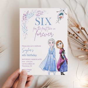 Zesde Frozen verjaardagsuitnodiging, prinses Elsa Anna Olaf feest, Frozen Invite, aquarel sneeuwvlokken 6e zes voor het eerst in altijd