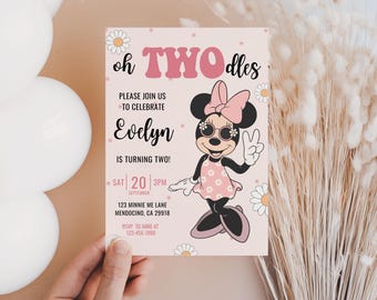 Groovy Oh Twodles Birthday invitation, Minnie mouse party, Oh Twoodles Invite, Minnie Girl 2nd birthday digital instant template Pink