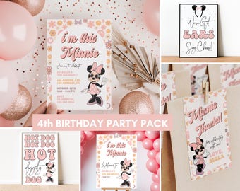 Minnie 4th Birthday invitation bundle, Minnie mouse party, Girl birthday Fourth decor decorations four year old Groovy i'm this minnie 4