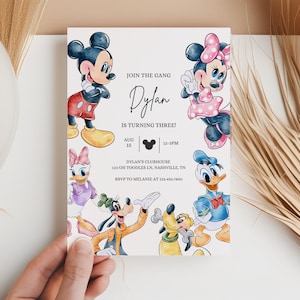 Invito per compleanno di Topolino e la sua banda Invito per festa retrò Festa di compleanno in bianco e nero Groovy Twodles Friends Minnie Acquerello Minimal