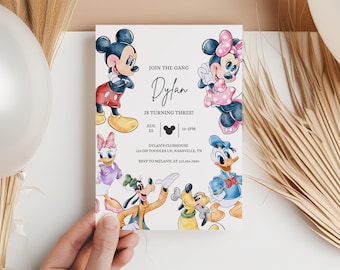 Invitación de cumpleaños de Mickey Mouse y su pandilla Invitación de fiesta retro Fiesta de cumpleaños en blanco y negro Groovy Twodles Amigos Minnie Acuarela Minimalista