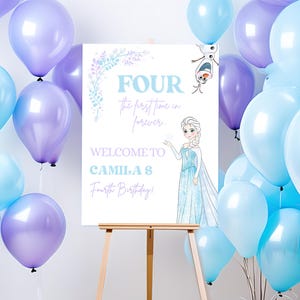 Placa de boas-vindas de aniversário congelado, decoração de festa da princesa Elsa Anna Olaf, 4º pôster quatro a primeira vez para sempre quarta decorações modernas