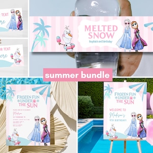 Könnte beinhalten: Ein Party-Bundle zum Thema Sommer mit Illustrationen von Charakteren aus einem beliebten Animationsfilm. Das Set enthält Einladungen, Tischkarten und ein Banner mit dem Text "Melted Snow" und "Frozen Fun Under The Sun". Das Farbschema ist Pastellrosa und Blau.