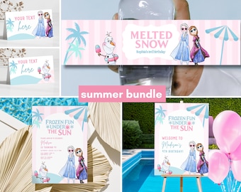 Invito per la festa di compleanno a tema Frozen Summer, piscina, Elsa, Anna, Olaf, 2°, 3°, 4°, 5° compleanno, decorazioni per bambina, cartello di benvenuto, cibo, neve sciolta