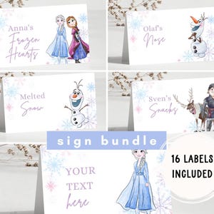 Decorazioni per compleanno Frozen, cartelli, festa della principessa Elsa, Anna e Olaf, decorazioni Frozen, castello con fiocchi di neve, etichette per poster e cibo, download per 2°, 3°, 4° e 5° compleanno.