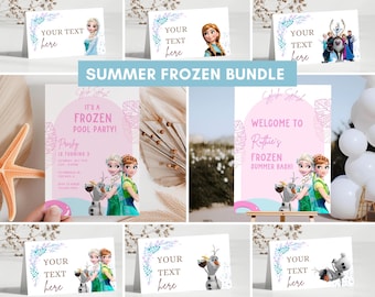 Invito per festa in piscina Frozen, invito per compleanno, estate, primavera, principessa Elsa, Anna, Olaf, 2°, 3°, 4°, 5°, decorazione per ragazze, etichette per cibo di benvenuto, tende