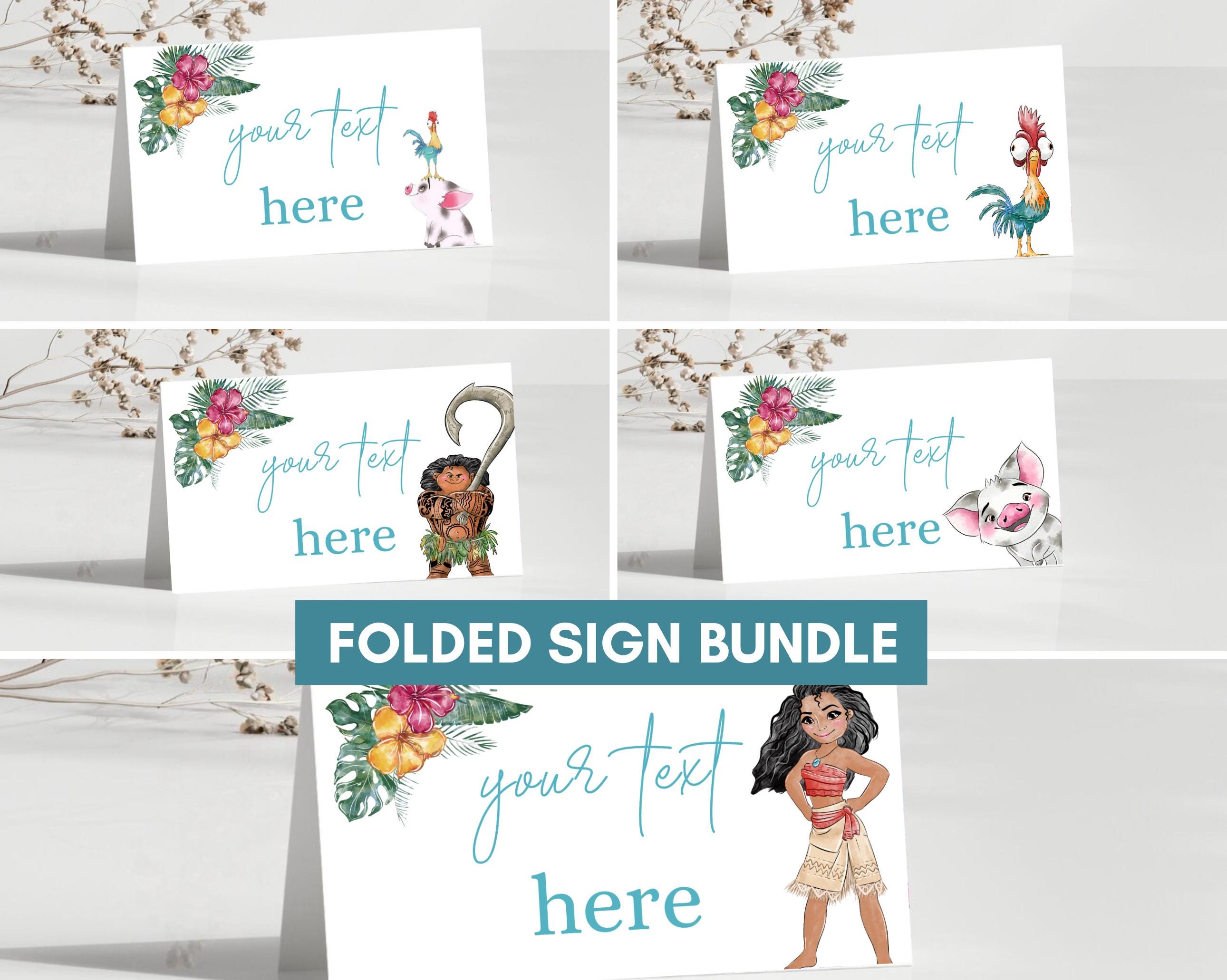 Moana Birthday Food labels, Moana party, luau moana maui pua, 2nd  3rd 4th 5th 6th birthday hei hei ocean decor sign tags folded table tents