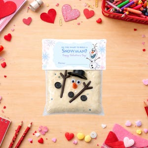Frost Vill du bygga en snögubbe? Godispåseetikett, Anpassad Alla hjärtans dag-Olaf, Plastpåsdekorationer Utskrivbara Godisar, Alla hjärtans dag-godis bild 1
