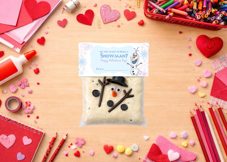 Frost Vill du bygga en snögubbe? Godispåseetikett, Anpassad Alla hjärtans dag-Olaf, Plastpåsdekorationer Utskrivbara Godisar, Alla hjärtans dag-godis bild 1