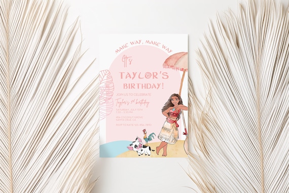 Moana Summer Birthday invitation, Moana luau Pink Invite, 2nd 3rd 4th 5th hei hei pua ocean calling Oar pool party Maui watercolor make way
