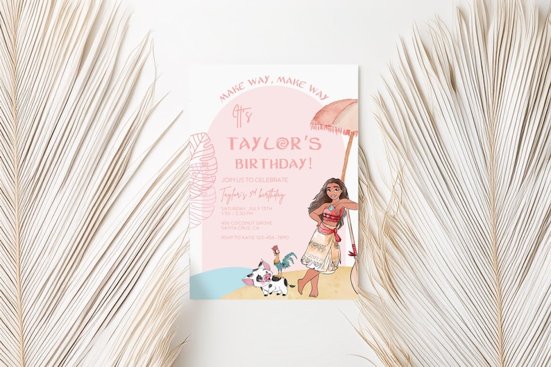 May include: A pink birthday invitation with the text "Taylor's Birthday!" features a cartoon illustration of a girl, a pig, and a rooster. The invitation is decorated with a pink background and a beach scene.
