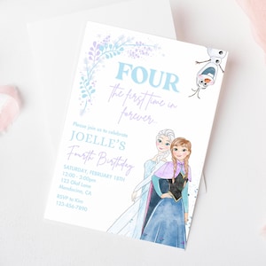 Four the First time in Forever Frozen Birthday invitation, Princess Elsa Anna Olaf party, Frozen Invite, Watercolor Snowflakes 4th template