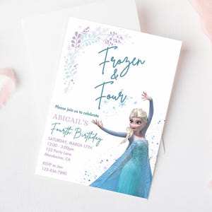 Four the First time in Forever Frozen Birthday invitation, Princess Elsa Anna Olaf party invite, Watercolor Snowflakes 4th Frozen and Four