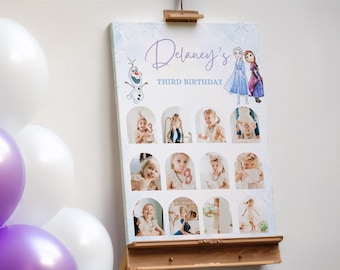 Frost Vinter Födelsedag Fototavla, Vinterprinsessan Underland, Festdekorationer, Elsa Olaf Redigerbar Poster Dekor Favoriter Statistik Milstolpe