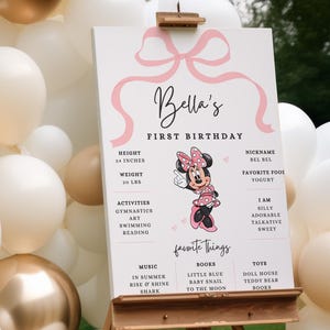 Póster de hito del primer cumpleaños de Minnie, fiesta de Minnie Mouse, tablero del primer cumpleaños, descarga instantánea digital de cumpleaños de niña, estadísticas de Pink Bow favoritas