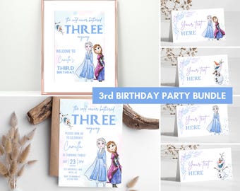 Frozen Birthday invitation, Princess Elsa Anna Olaf party invite, Watercolor 3rd minimal modern digital Cold Never Bothered Three Anyway