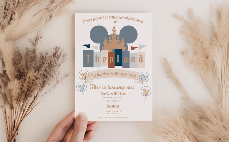Invitación de cumpleaños para niños más feliz del mundo, invitación de cumpleaños con arcoíris pastel vintage, globos del castillo de Mickey Mouse. Primero 1.º 2.º 3.º 4.º 5.º imagen 1