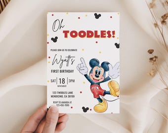 Oh Toodles 誕生日招待状、ミッキーマウスパーティー、1歳の誕生日招待状、1歳の赤ちゃんの1歳の誕生日デジタル招待状の即時ダウンロード