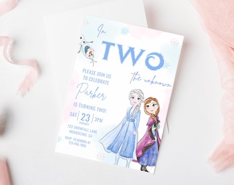 May include: A blue and pink invitation card with a watercolor background. The card features a cartoon image of two girls from the movie Frozen. The text on the card reads "Into Two the unknown" and includes details for a birthday party.