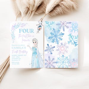 Four the First time in Forever Frozen Birthday invitation, Princess Elsa Anna Olaf party, Frozen Invite, Watercolor Snowflakes 4th template