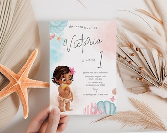 Baby Moana Birthday invitation, Moana first birthday party, luau moana Invite, 1st 2nd birthday hei hei ocean calling pua wave watercolor