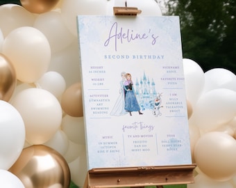 Frost vinter födelsedagsmilstolpe, slottsunderland, vinterprinsessa, festdekorationer, redigerbar mallaffischdekor favoriter