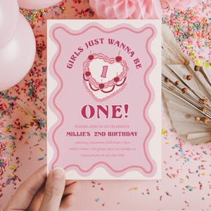Girls Just Wanna Be One Invite, 1st Birthday Girl, Decor Bow Girls First invitation Party for 1st Bday, Vintage Cake Retro Preppy Pink fun