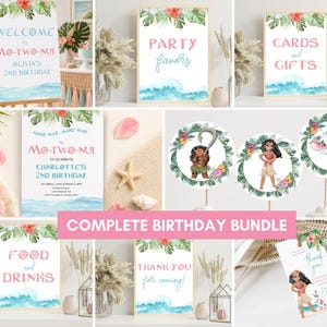 May include: A complete birthday party decoration bundle featuring tropical foliage, hibiscus flowers, and ocean wave graphics. Includes printed signs for welcome, party favors, cards and gifts, food and drinks, thank you tags, and circular cupcake toppers.