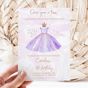 Purple Princess Birthday Invite, Once upon a time Fairytale Party Invitation Crown Tiara Decor girl 2nd 3rd 4th 5th 6th Sparkly Glitter