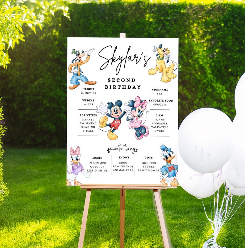 May include: A personalised second birthday sign on an easel, featuring Disney characters like Mickey and Minnie Mouse, Goofy, Pluto, and Donald Duck. The sign includes the name "Skylar's", height, weight, activities, favourite things, and nickname.