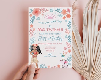 Moana Sommer-Geburtstagseinladung Mo-Two-Nui, Moana Luau Pink Einladung, 2. Geburtstagsparty Ocean Calling Maui Hei Hei Poolparty, Aquarell